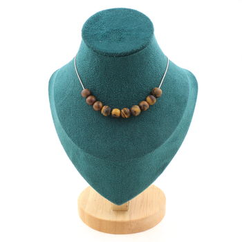 Collier 10 perles Oeil de Tigre mat 8 mm. Chaine en acier inoxydable