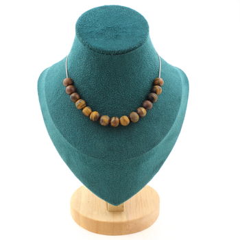 Collier 15 perles Oeil de Tigre mat 8 mm. Chaine en acier inoxydable