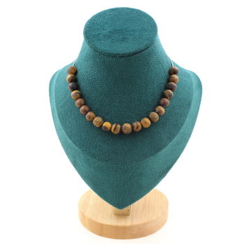 Collier 20 perles Oeil de Tigre mat 8 mm. Chaine en acier inoxydable