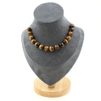Collier 15 perles Oeil de Tigre 10 mm. Chaine en acier inoxydable