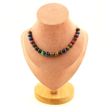 Multicolored Tiger's Eye 8 mm 20 beads necklace. Stainless steel chain