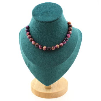 Collier 20 perles Oeil de Tigre violet bicolore 8 mm. Chaine en acier inoxydable