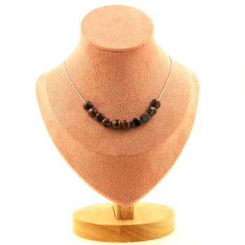 Collier 10 perles Oeil de Tigre rouge du Brésil. Chaine en acier inoxydable
