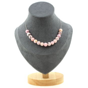 Pink opal 8 mm 15 beads necklace. Stainless steel chain