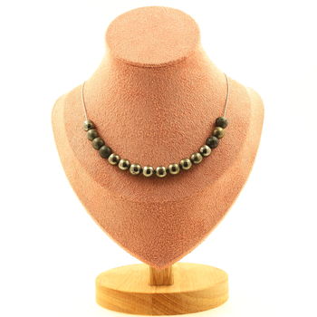Collier 15 perles Pyrite d'Espagne 8 mm. Chaine en acier inoxydable