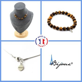 Bracelet Necklace Set Tiger's Eye 8 mm 10 beads. Stainless steel chain.