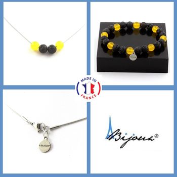 Bracelet Necklace Set Yellow Agate + Lava 8 mm beads. Stainless steel chain.