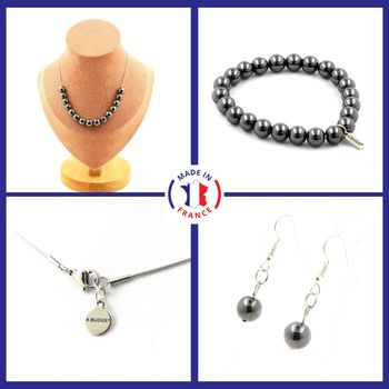 Bracelet Necklace Dangle Earrings Set Hematite 8 mm 15 beads. Stainless steel chain.