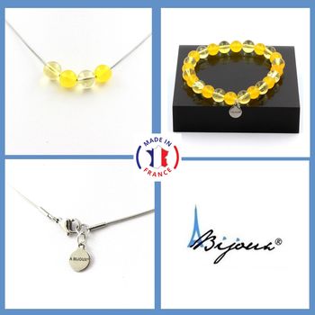 Bracelet Necklace Set Yellow Agate + Citrine 8 mm beads. Stainless steel chain.