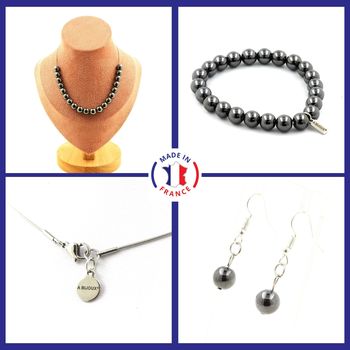 Bracelet Necklace Dangle Earrings Set Hematite 8 mm 20 beads. Stainless steel chain.