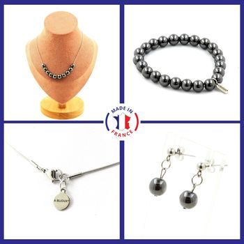 Bracelet Necklace Stud Earrings Set Hematite 8 mm 10 beads. Stainless steel chain.