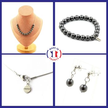 Bracelet Necklace Stud Earrings Set Hematite 8 mm 15 beads. Stainless steel chain.