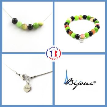 Parure Bracelet Collier perles Agate noire + Tourmaline melon d'eau + Péridot 8 mm. Chaine en acier inoxydable.