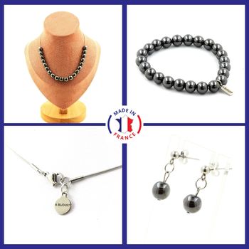 Bracelet Necklace Stud Earrings Set Hematite 8 mm 20 beads. Stainless steel chain.