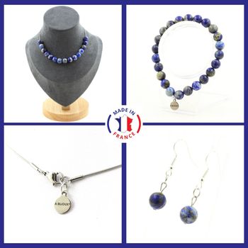 Bracelet Necklace Dangle Earrings Set Lapis Lazuli from Pakistan quality 5A 8 mm 15 beads. Stainless steel chain.