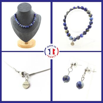 Bracelet Necklace Stud Earrings Set Lapis Lazuli from Pakistan quality 5A 8 mm 20 beads. Stainless steel chain.