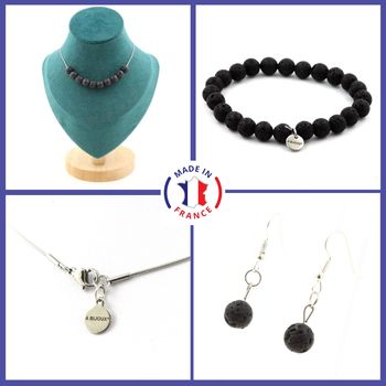 Bracelet Necklace Dangle Earrings Set Lava 8 mm 10 beads. Stainless steel chain.