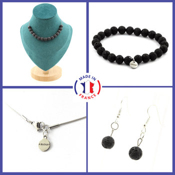 Bracelet Necklace Dangle Earrings Set Lava 8 mm 15 beads. Stainless steel chain.