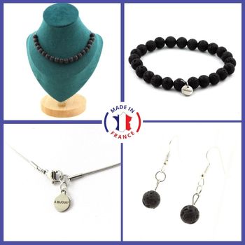 Bracelet Necklace Dangle Earrings Set Lava 8 mm 20 beads. Stainless steel chain.