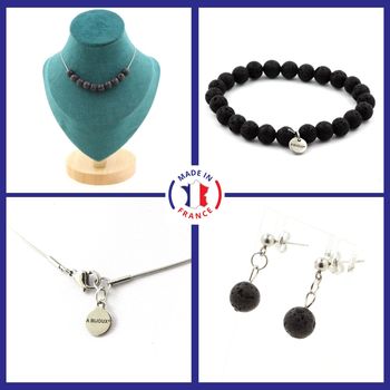 Parure Bracelet Collier Boucles D'oreilles Puces 10 perles Lave 8 mm. Chaine en acier inoxydable.