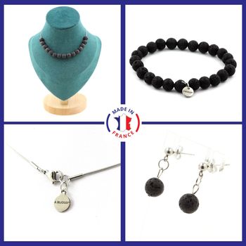 Parure Bracelet Collier Boucles D'oreilles Puces 15 perles Lave 8 mm. Chaine en acier inoxydable.
