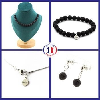 Parure Bracelet Collier Boucles D'oreilles Puces 20 perles Lave 8 mm. Chaine en acier inoxydable.