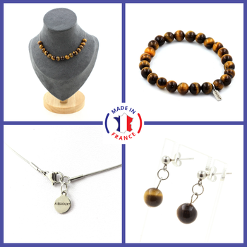 Parure Bracelet Collier Boucles D'oreilles Puces 15 perles Oeil de Tigre 8 mm. Chaine en acier inoxydable.