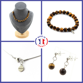 Bracelet Necklace Stud Earrings Set Tiger's Eye 8 mm 20 beads. Stainless steel chain.