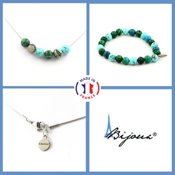 Bracelet Necklace Set Chrysocolla beads from Namibia + Howlite Turquoise + Malachite 8 mm beads. Stainless steel chain.