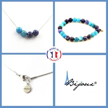 Parure Bracelet Collier perles Sodalite + Apatite 8 mm. Chaine en acier inoxydable.