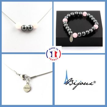 Bracelet Necklace Set Rose Quartz + Hematite 8 mm beads. Stainless steel chain.