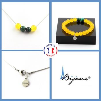 Bracelet Necklace Set Yellow Agate + Malachite from Congo 8 mm beads. Stainless steel chain.