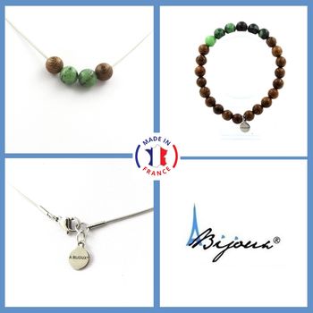 Bracelet Necklace Set wood + Epidote from Australia 8 mm beads. Stainless steel chain.