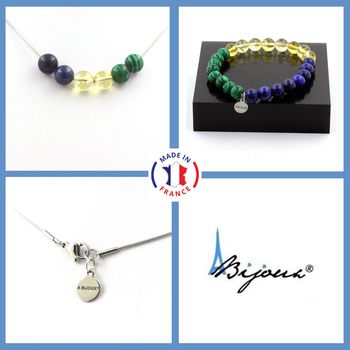 Parure Bracelet Collier perles Citrine + Lapis Lazuli + Malachite 8 mm. Chaine en acier inoxydable.
