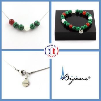 Parure Bracelet Collier perles Pierre de Lune + Agate rouge + Malachite 8 mm. Chaine en acier inoxydable.