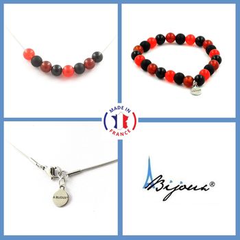 Bracelet Necklace Set Black Agate + Red Chalcedony + Red Agate + Matte Black Onyx 8 mm beads. Stainless steel chain.