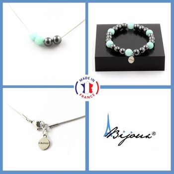 Bracelet Necklace Set Amazonite + Hematite 8 mm beads. Stainless steel chain.