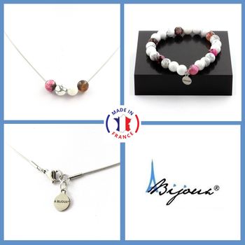 Parure Bracelet Collier perles Howlite + Agate rose marron 8 mm. Chaine en acier inoxydable.