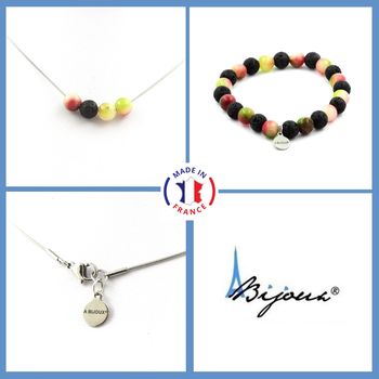 Parure Bracelet Collier perles Tourmaline melon d'eau + Lave 8 mm. Chaine en acier inoxydable.