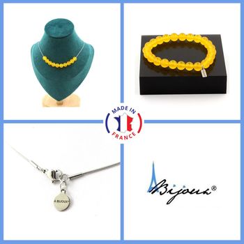Bracelet Necklace Set Yellow Agate 8 mm 10 beads. Stainless steel chain.