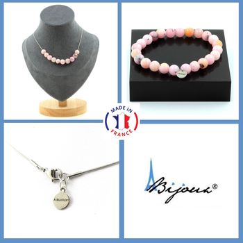 Bracelet Necklace Set Pink Opal 8 mm 10 beads. Stainless steel chain.