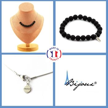 Parure bijoux Bracelet Collier 10 perles Onyx noir mat 8 mm. Chaine en acier inoxydable.