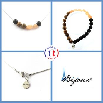 Bracelet Necklace Set Sunstone from Tanzania + Matte Black Onyx + wood 8 mm beads. Stainless steel chain.