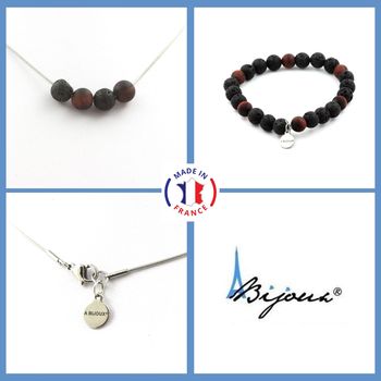 Bracelet Necklace Set Lava + Matte Red Tiger’s Eye 8 mm beads. Stainless steel chain.