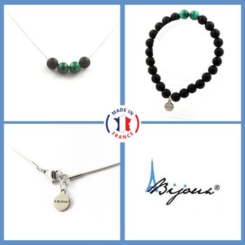 Bracelet Necklace Set matte black Onyx + Malachite from Congo 8 mm beads. Stainless steel chain.