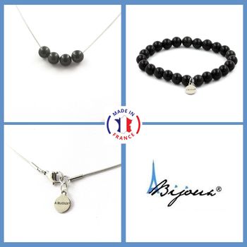 Bracelet Necklace Set black Obsidian 8 mm 4 beads. Stainless steel chain.