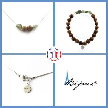 Bracelet Necklace Set Green rutile quartz from Brazil + Wood 8 mm beads. Stainless steel chain.