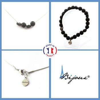 Bracelet Necklace Set Lava + Tourmaline Schorl from Brazil 8 mm beads. Stainless steel chain.