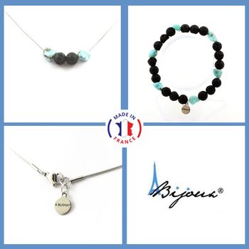Bracelet Necklace Set Dominican Republic Larimar + Lava 8 mm beads. Stainless steel chain.