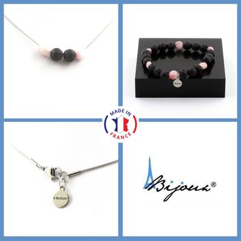 Bracelet Necklace Set Kunzite from Brazil + Lava 8 mm beads. Stainless steel chain.